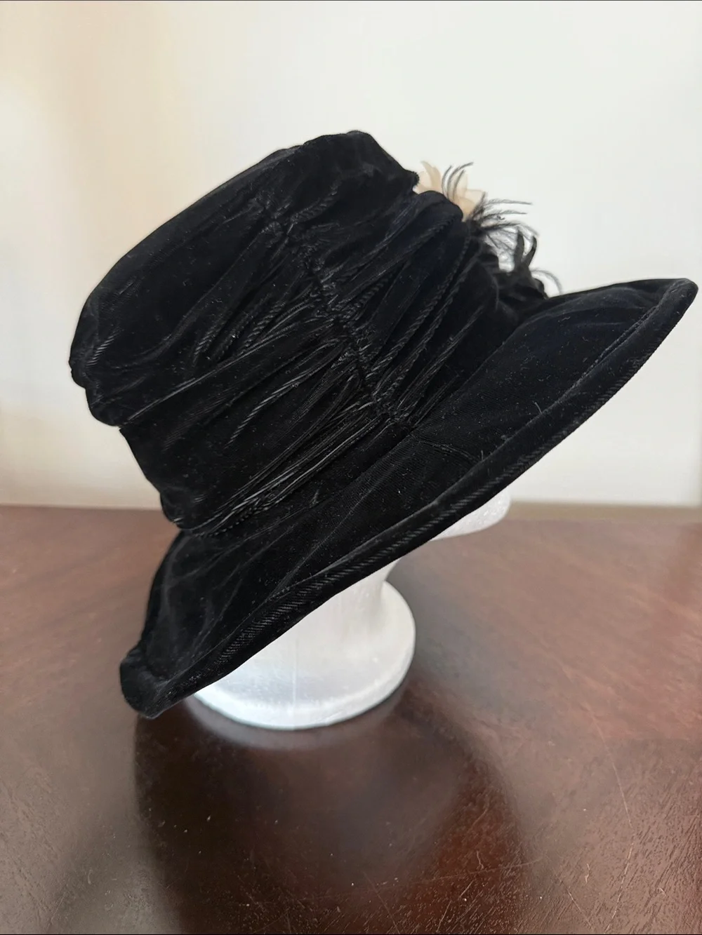 Vintage Hooray Henri Black Velvet Hat with Floral Accents and Gold Cameo